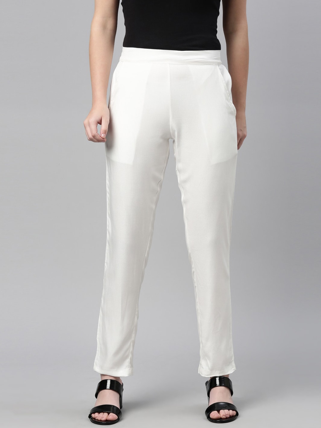 

LAYA Women Off White Solid Pencil Trousers