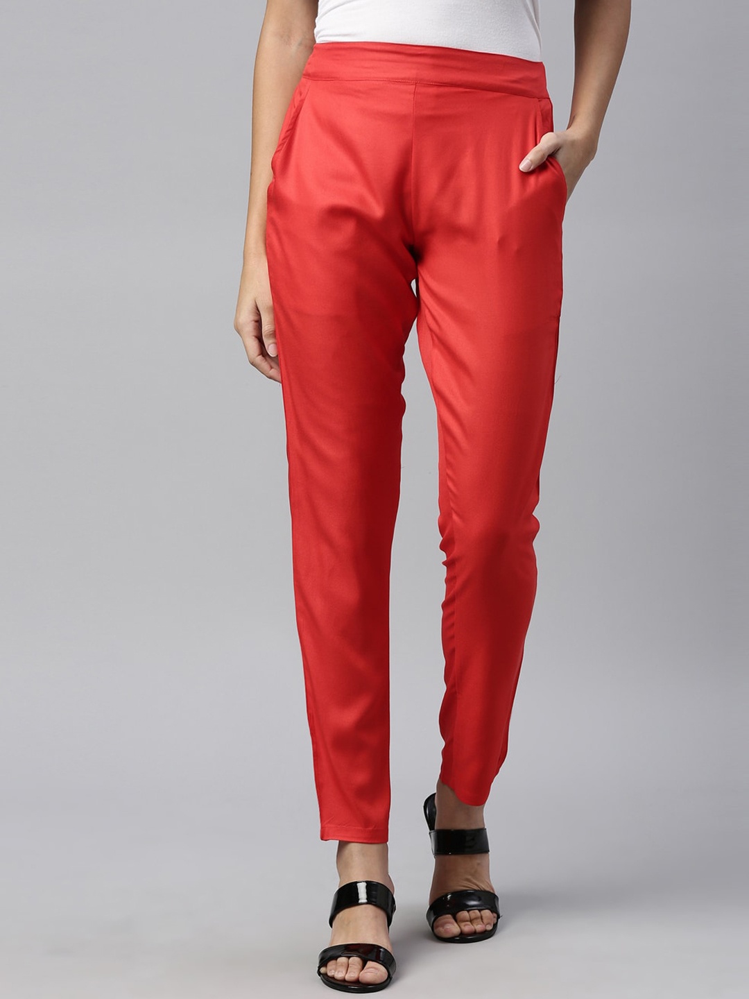 

LAYA Women Red Solid Pencil Trousers