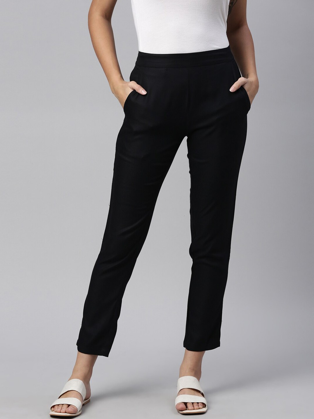 

LAYA Women Black Regular Fit Pencil Trousers