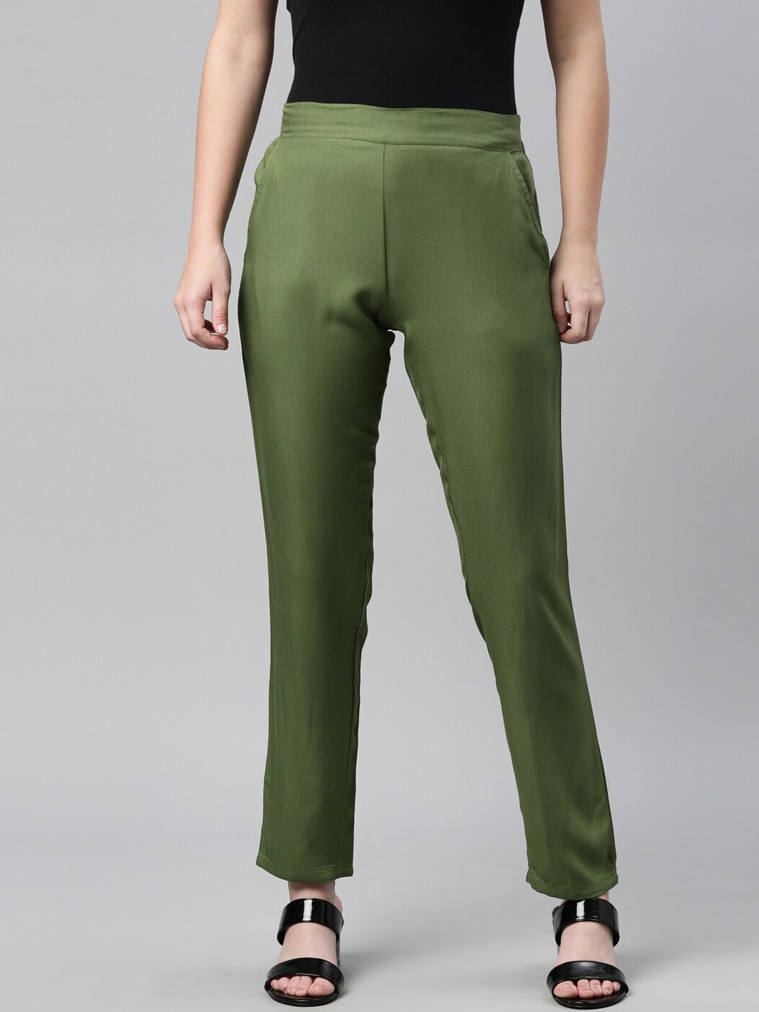 

LAYA Women Green Solid Regular Fit Pencil Trousers