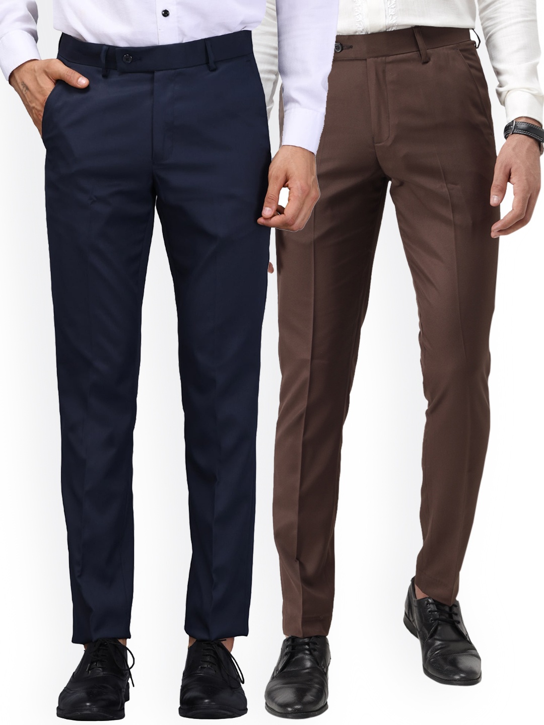 

Vandnam Fabrics Men Blue & Brown Smart Slim Fit Trousers