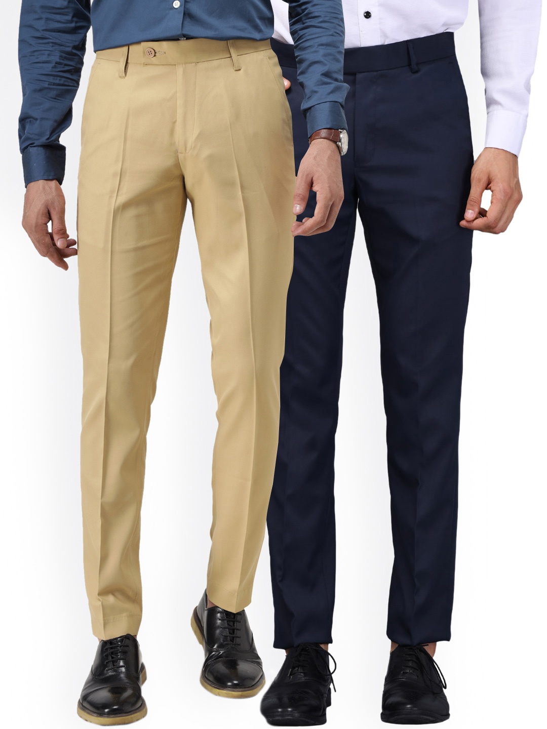 

Vandnam Fabrics Men Blue & Beige Smart Slim Fit Formal Trousers