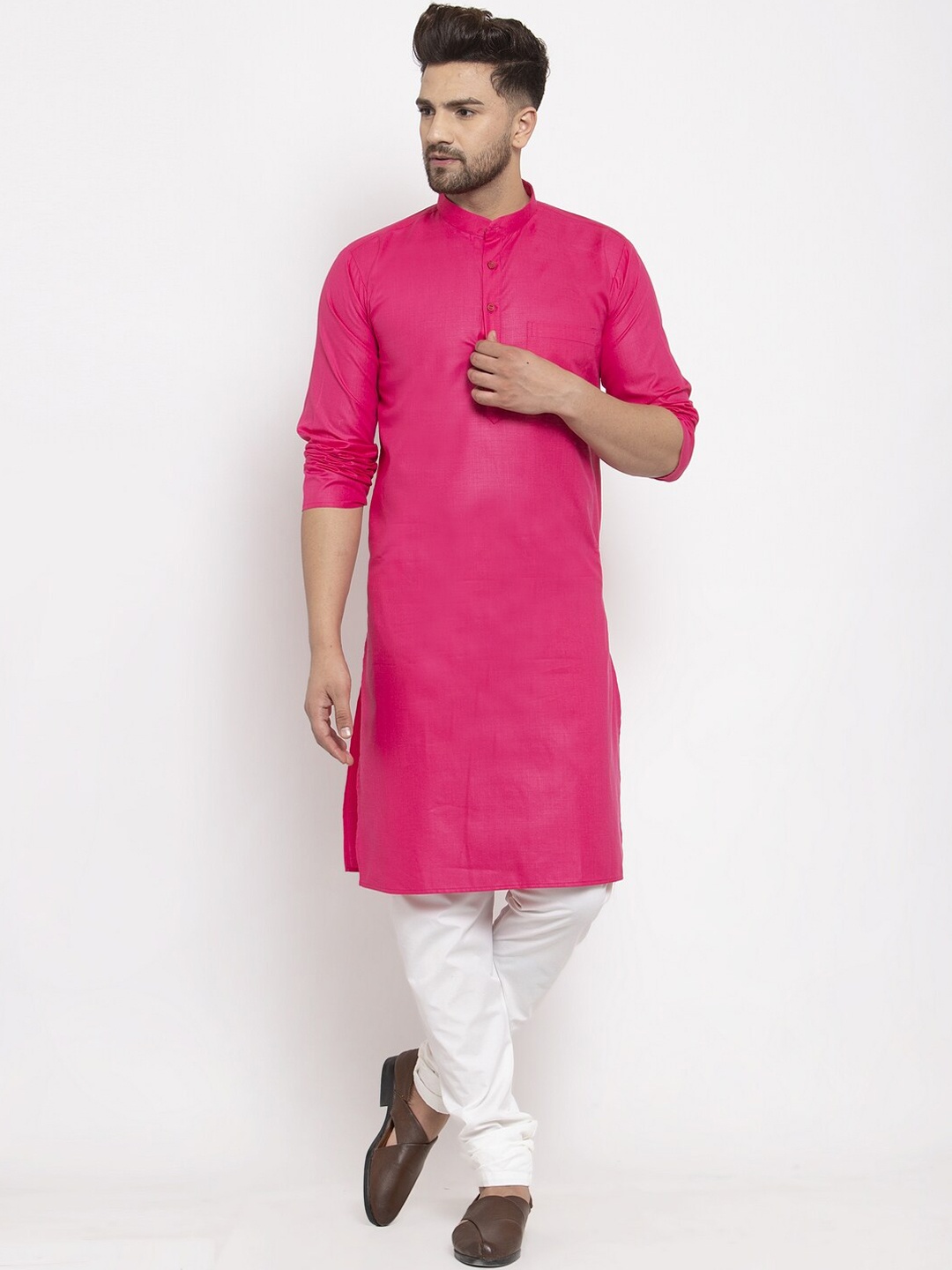 

Kaifoo Men Pink Solid Cotton Blend Long Kurta