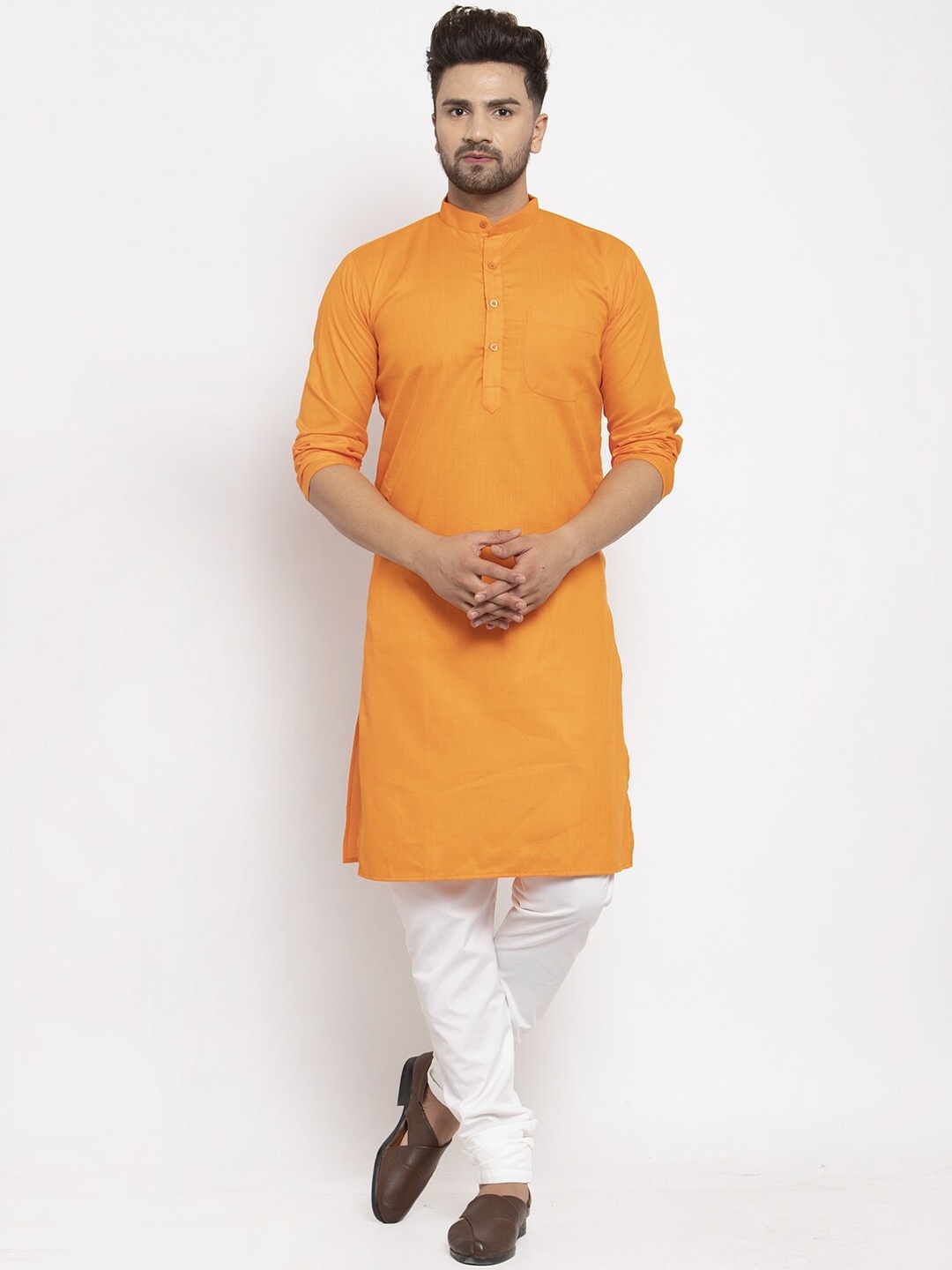 

Kaifoo Men Orange Solid Cotton Blend Long Kurta