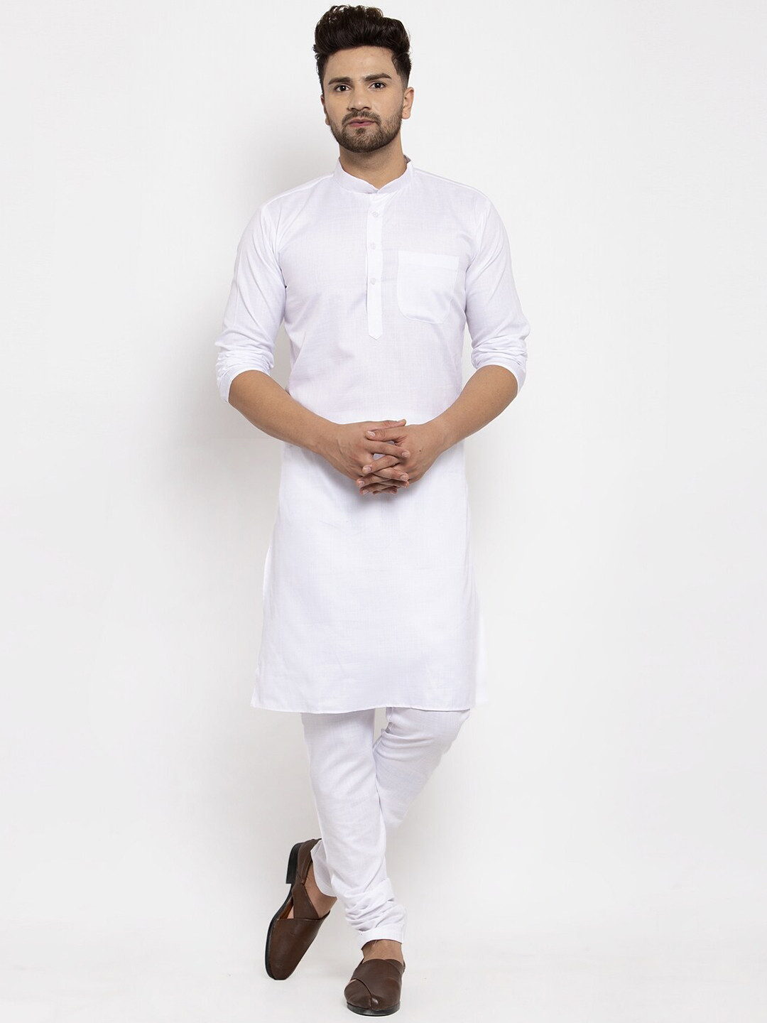 

Kaifoo Men White Solid Cotton Blend Long Chikankari Kurta