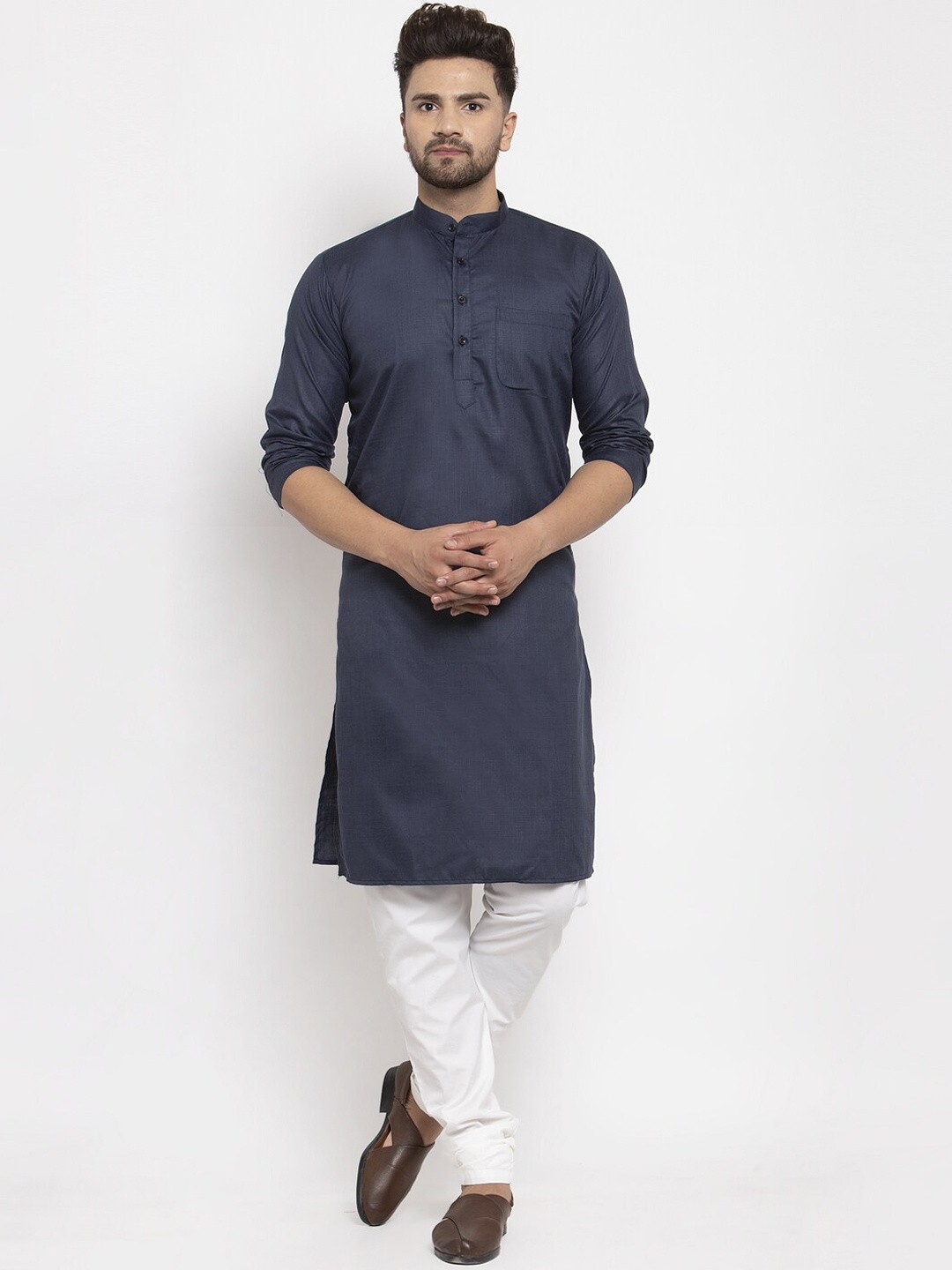 

Kaifoo Men Navy Blue Solid Cotton Blend Long Kurta