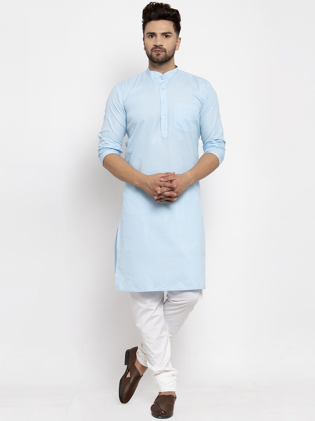 

Kaifoo Men Sea Green Solid Cotton Blend Long Kurta