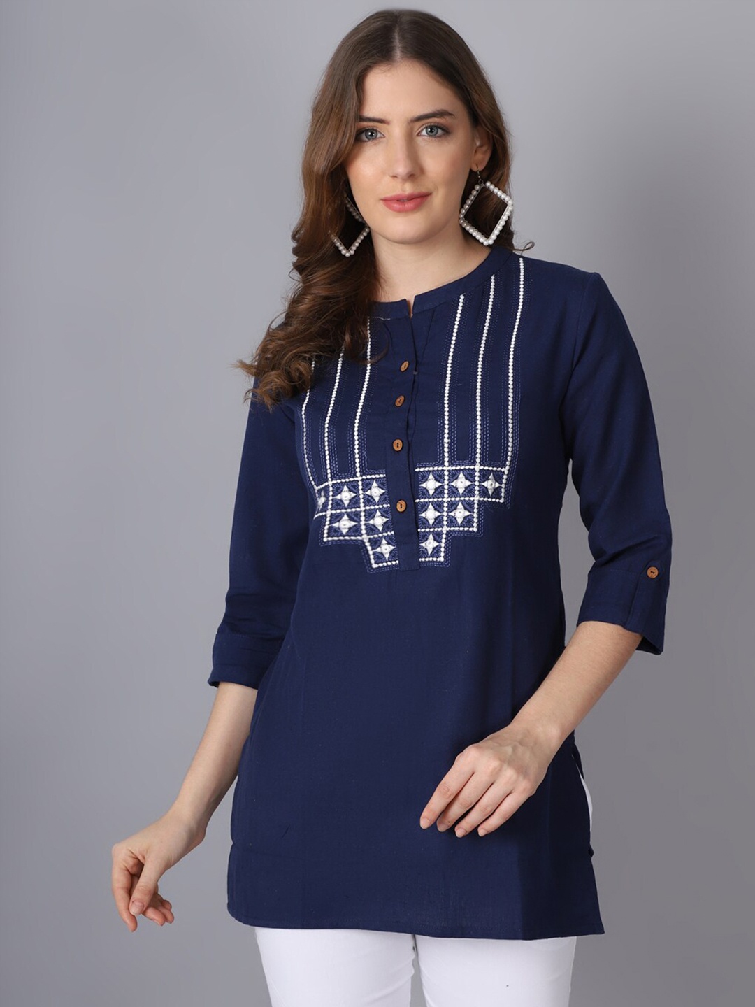 

Pistaa Navy Blue Embroidered Kurti