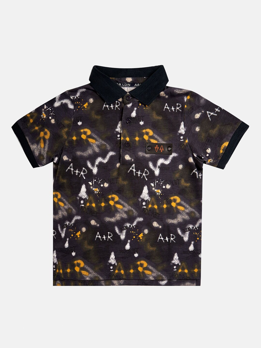 

Angel & Rocket Boys Black Printed Polo Collar Applique T-shirt