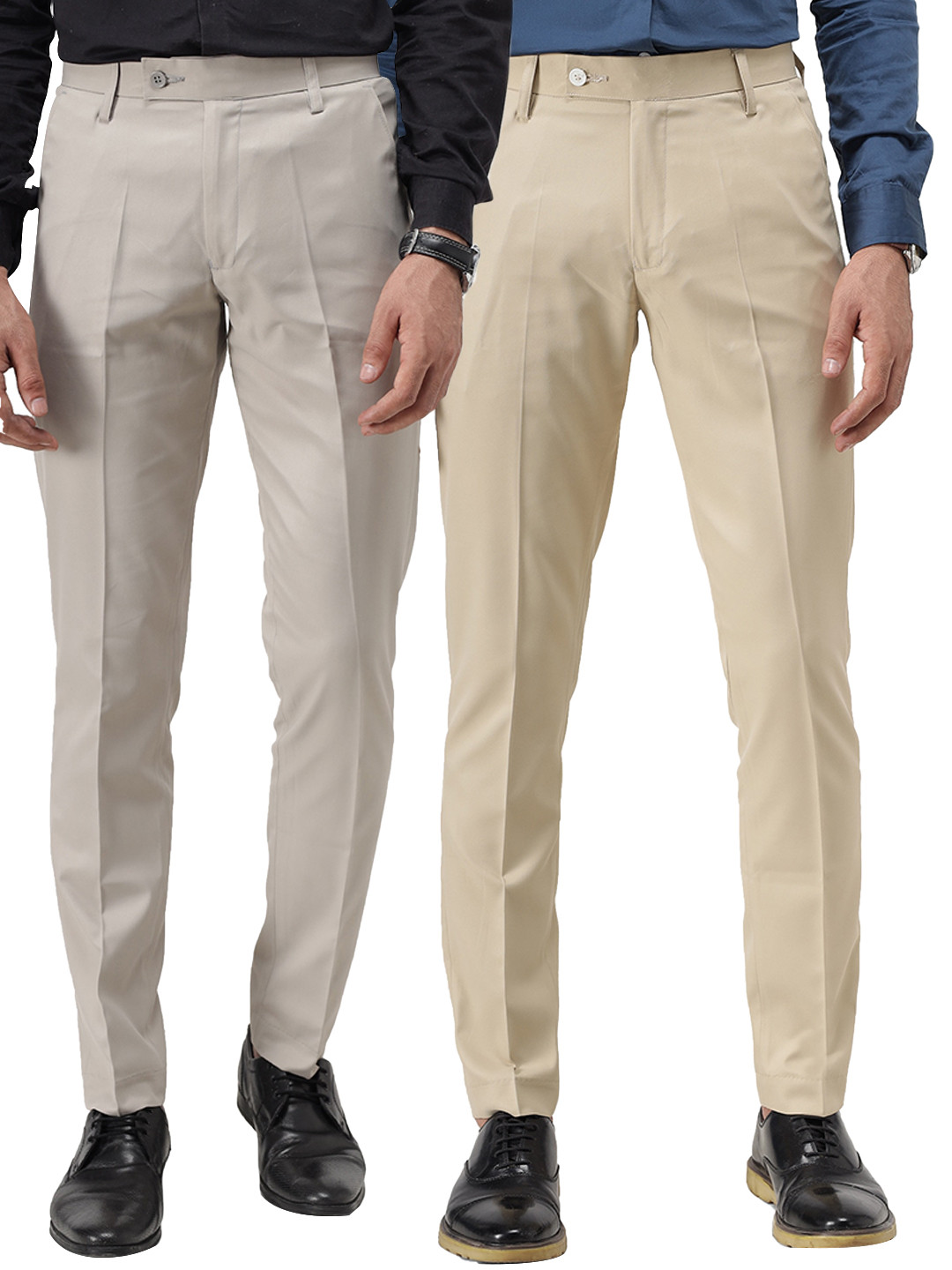 

Vandnam Fabrics Men Cream & Lightgrey Coloured Smart Slim Fit Trousers