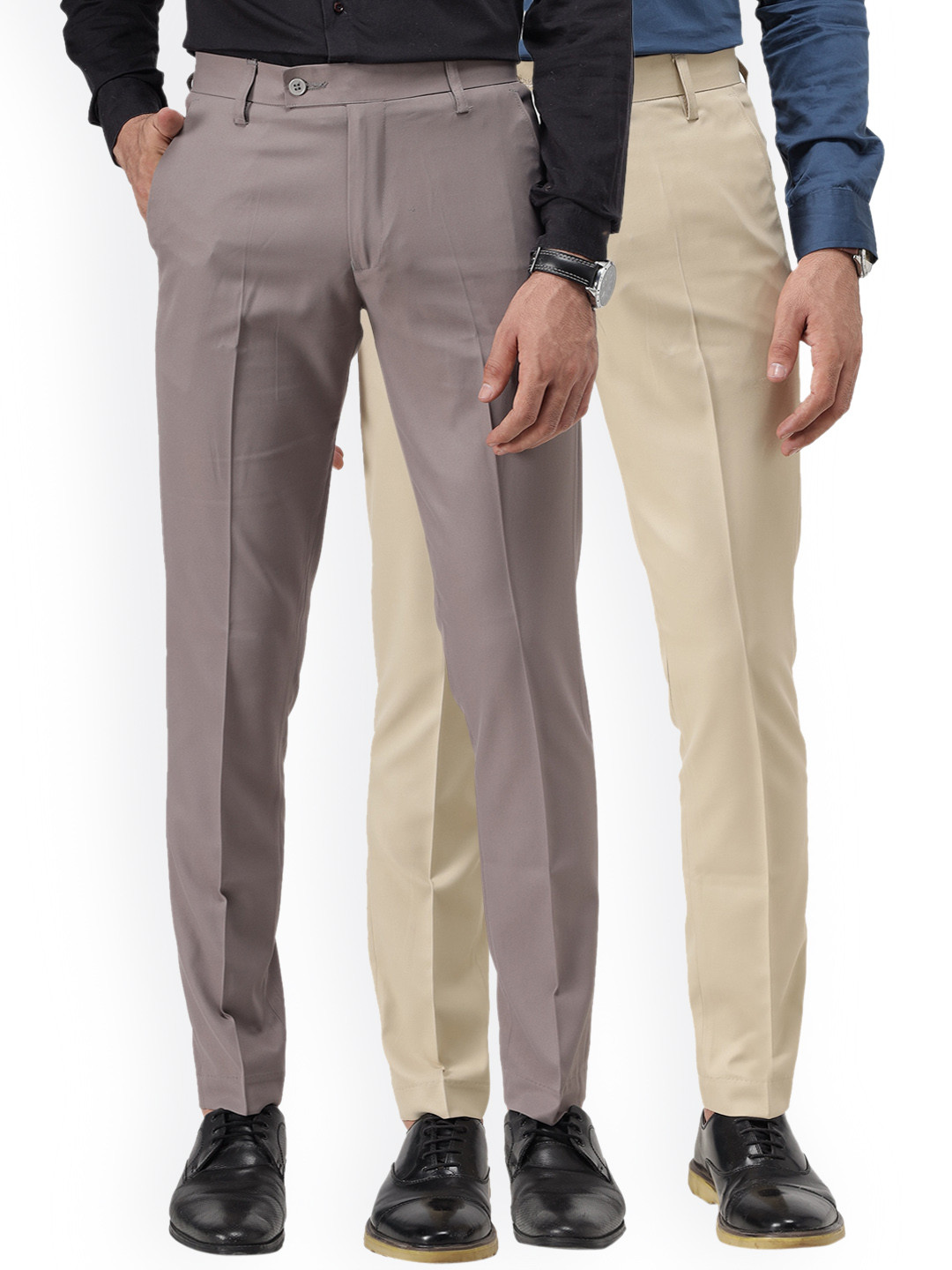 

Vandnam Fabrics Men Cream & Darkgrey Coloured Smart Slim Fit Trousers