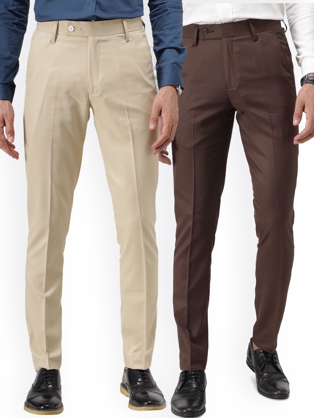 

Vandnam Fabrics Men Cream & Brown Coloured Smart Slim Fit Trousers