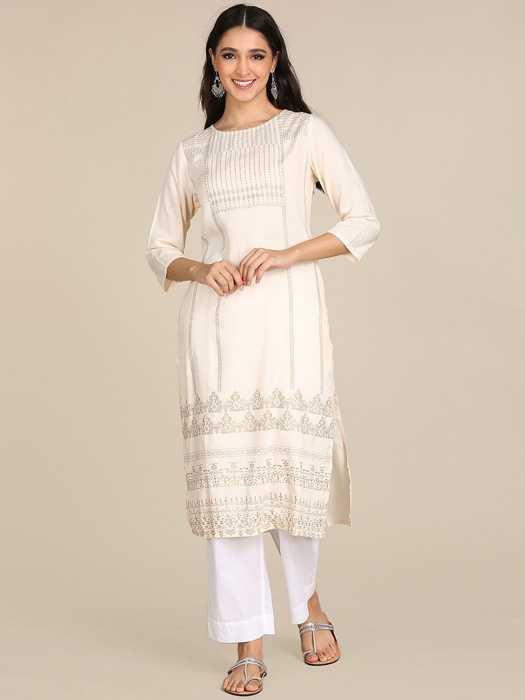 

Karigari Women Beige Ethnic Motifs Embroidered Flared Sleeves Chikankari Kurta