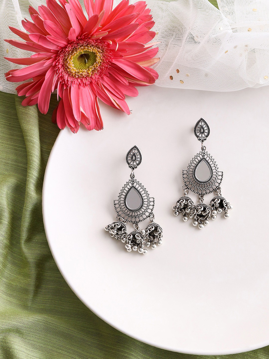 

W Silver-Toned Dome Shaped Jhumkas Earrings