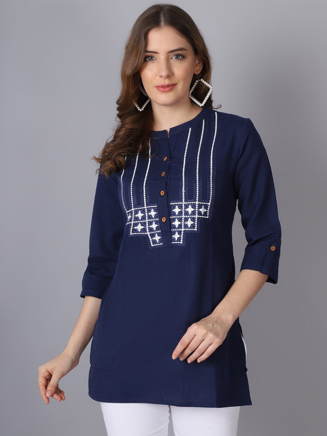 

Pistaa Navy Blue Embroidered Kurti