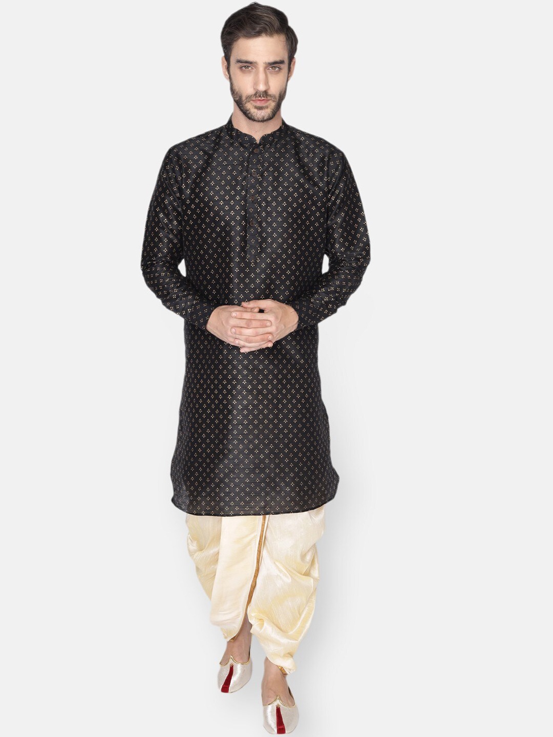 

NAMASKAR Men Black Paisley Dupion Silk Printed Kurta with Churidar