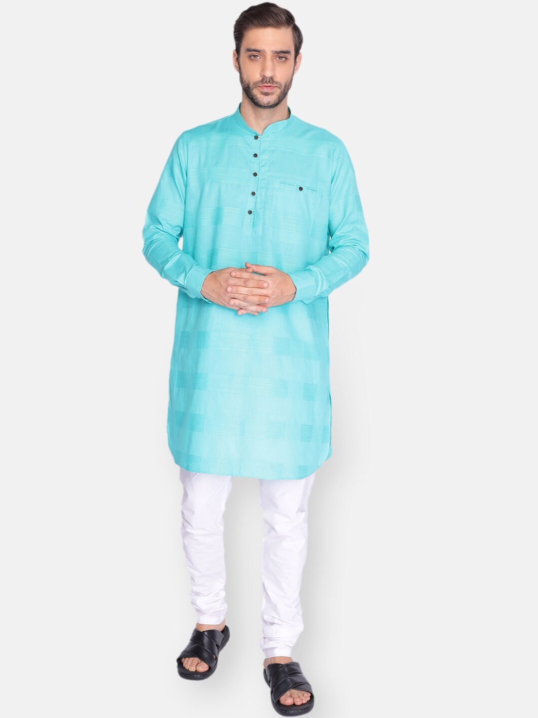 

NAMASKAR Men Blue Cotton Self Design Kurta with Churidar