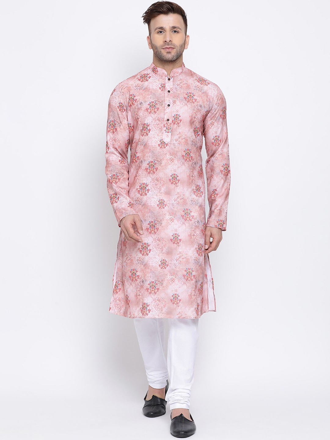 

NAMASKAR Men Pink Floral Cotton Linen Printed Kurta with Churidar