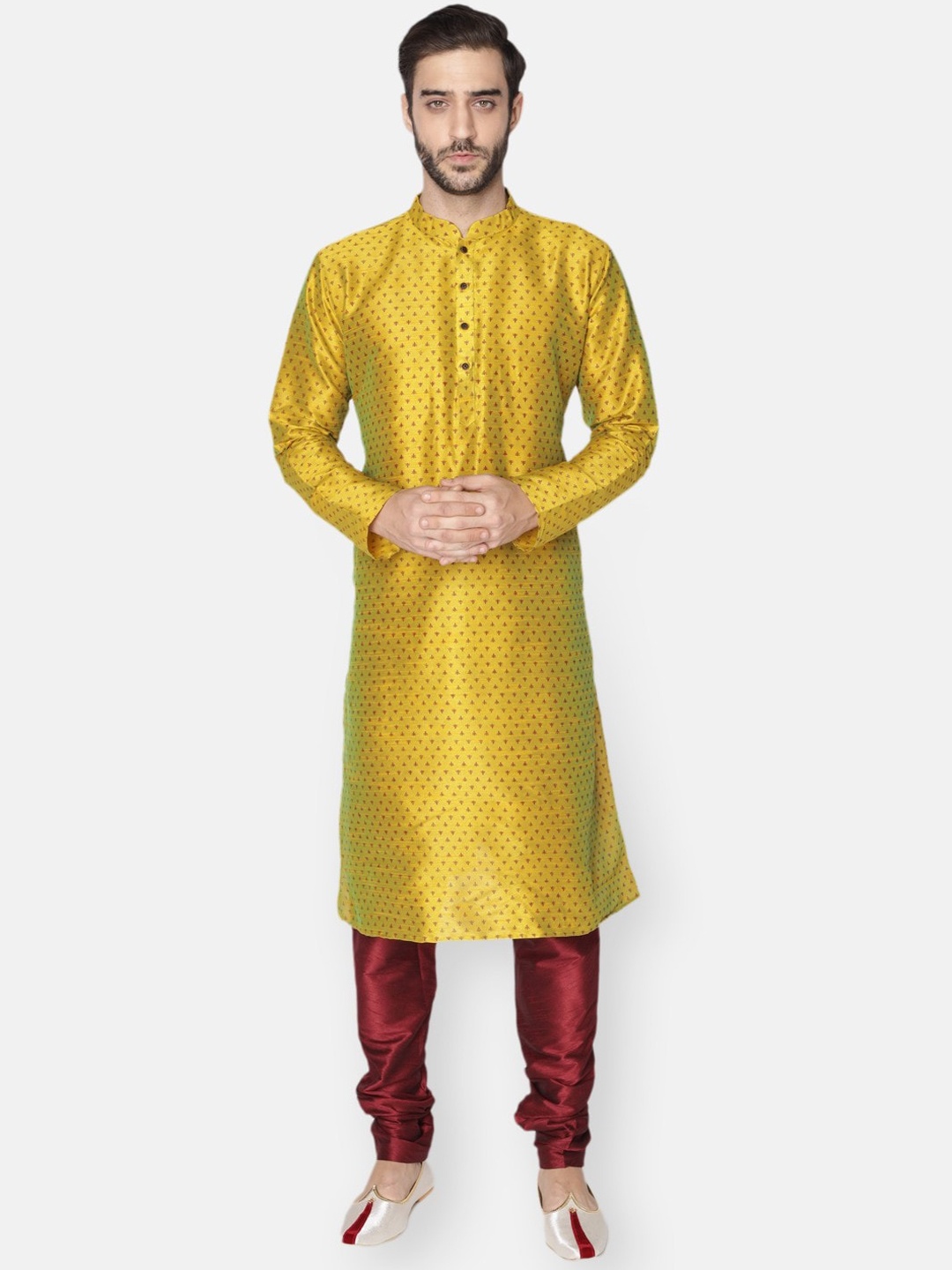 

NAMASKAR Men Mustard Yellow Dupion Silk Printed Kurta with Churidar