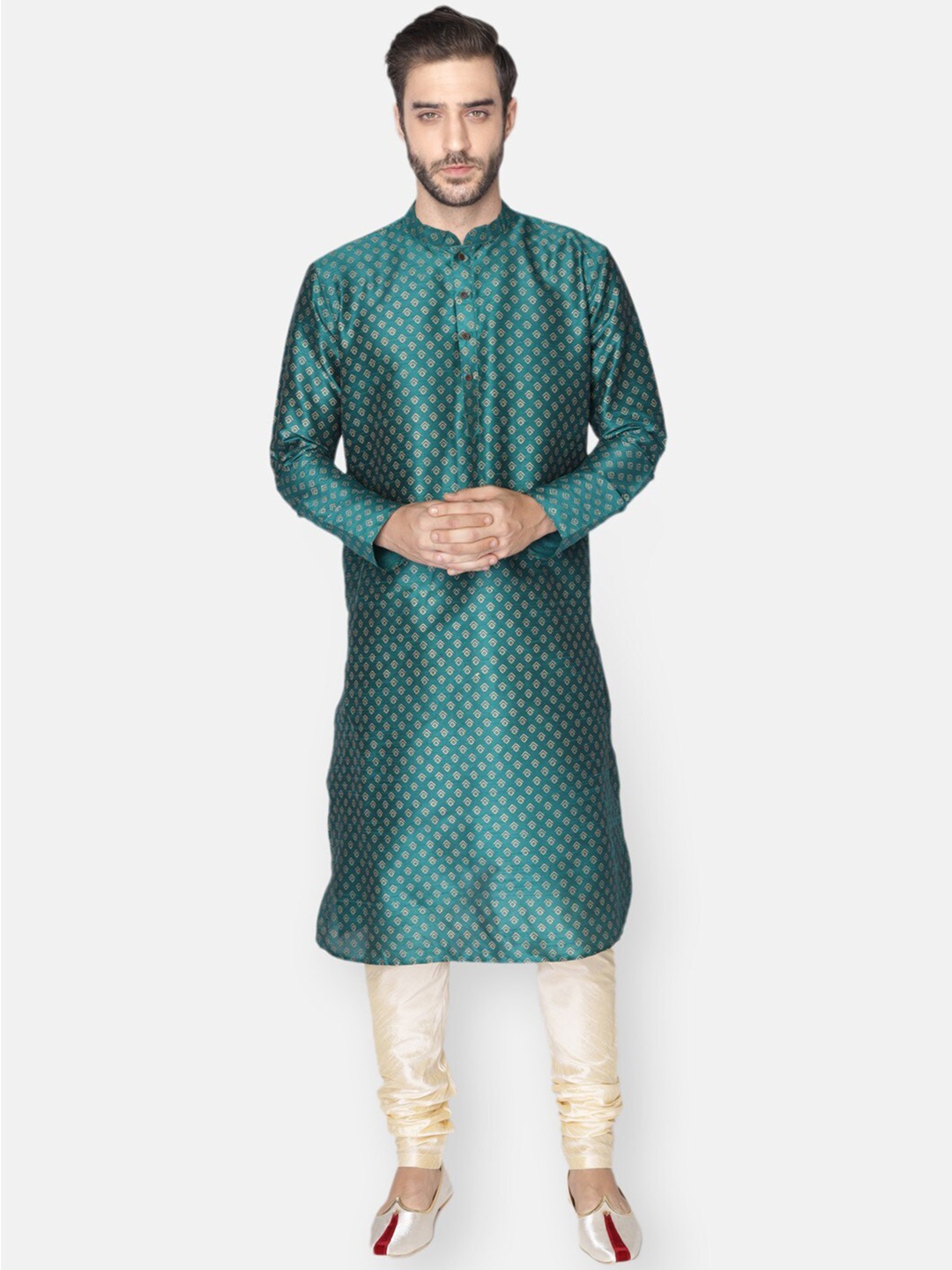 

NAMASKAR Men Green Printed Dupion Silk Kurta with Pyjamas