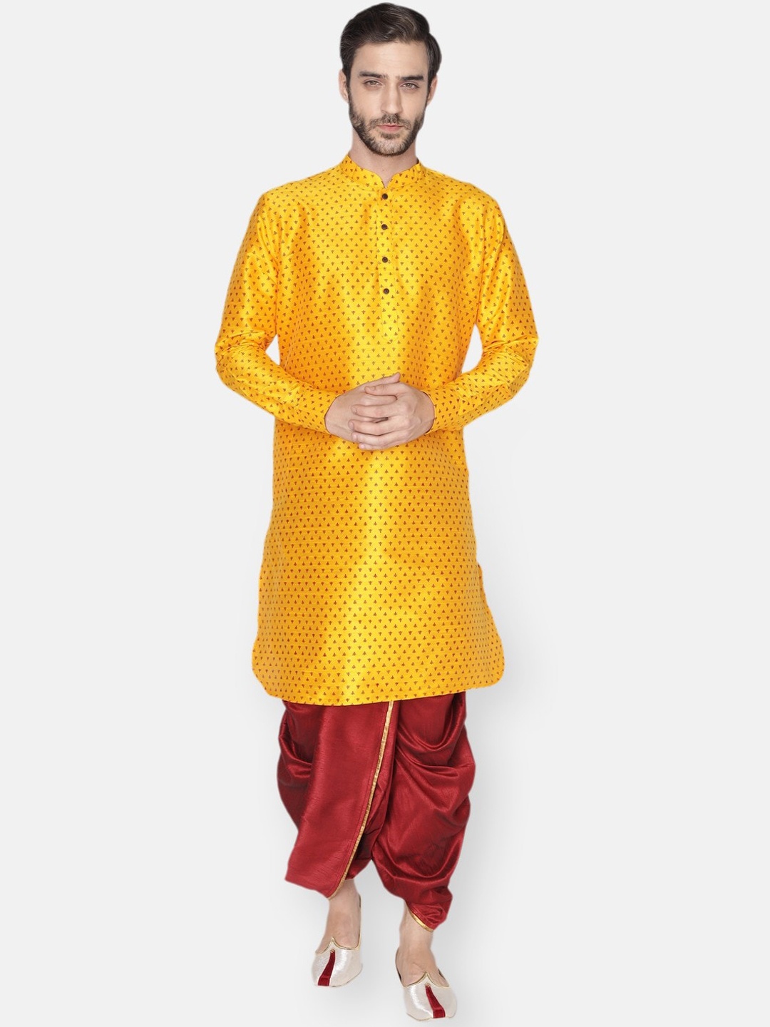 

NAMASKAR Men Yellow Printed Dupion Silk Kurta with Dhoti Pants