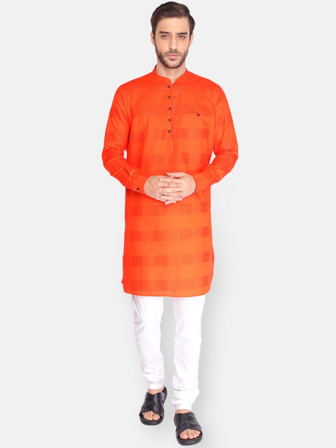

NAMASKAR Men Orange Cotton Self Design Kurta with Churidar