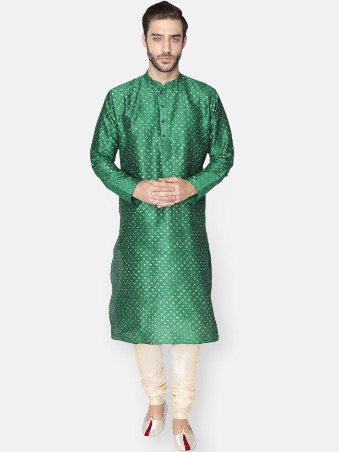 

NAMASKAR Men Green Dupion Silk Printed Kurta with Churidar