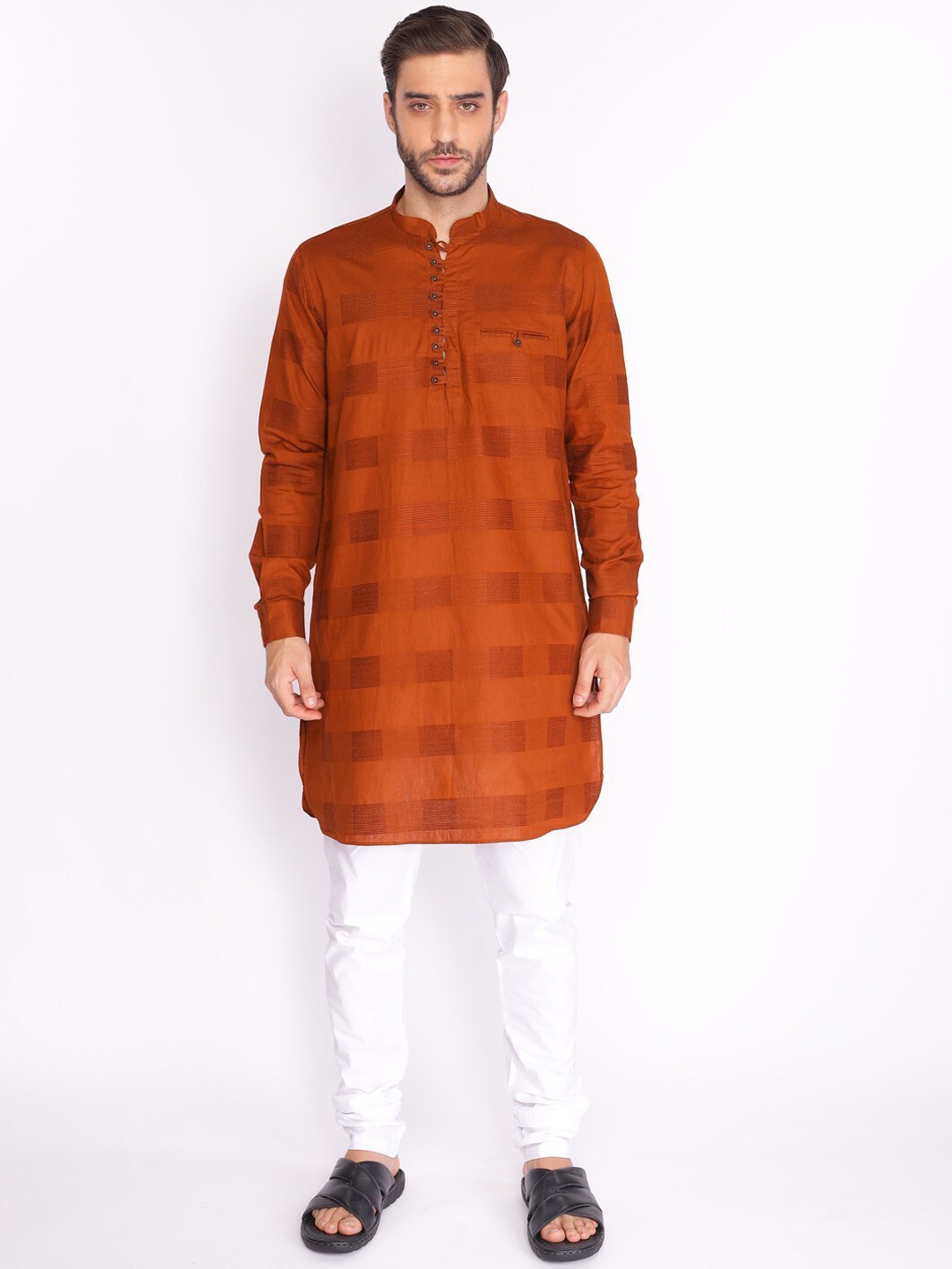 

NAMASKAR Men Brown Self Design Cotton Kurta with Pyjamas