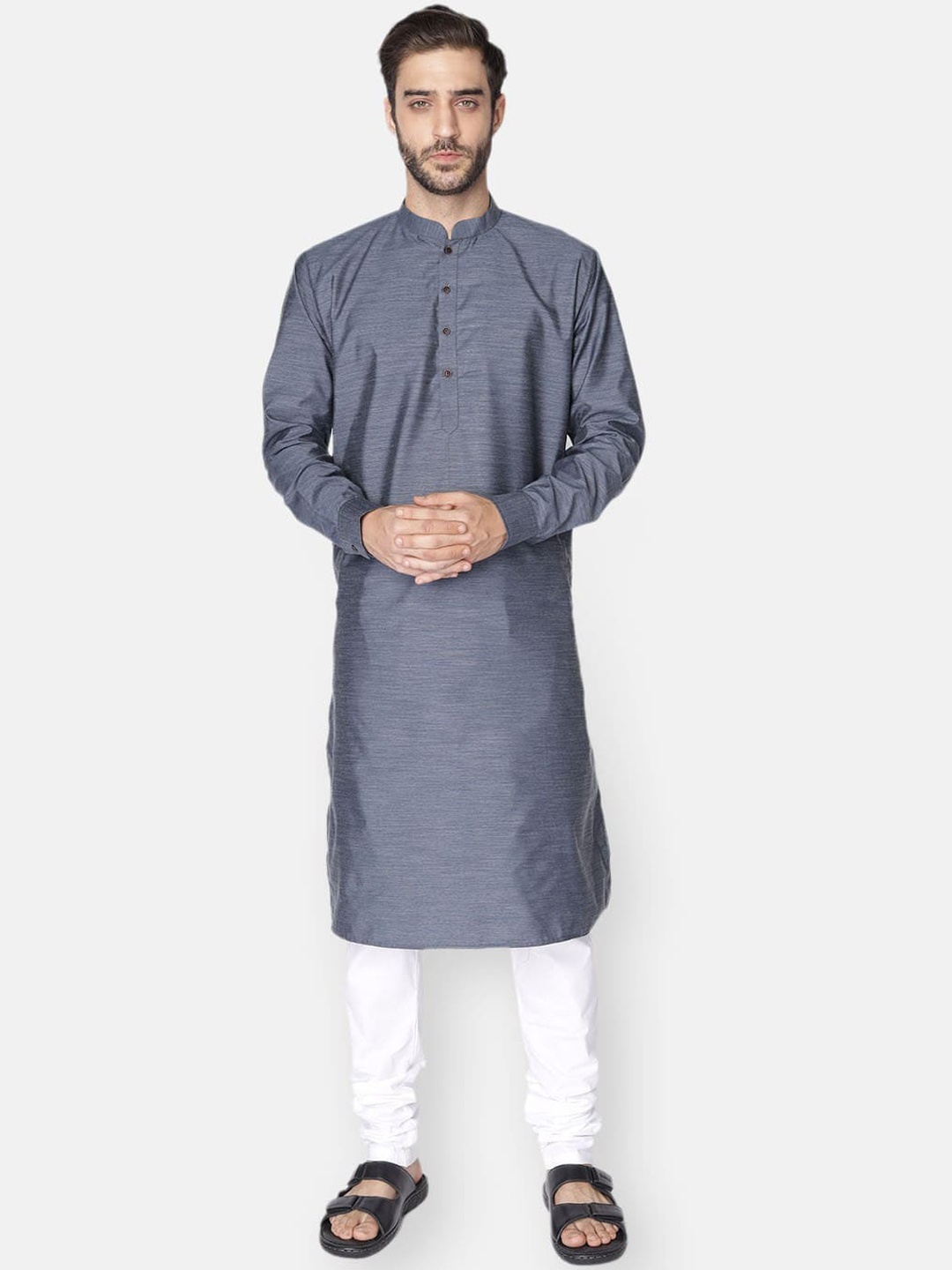 

NAMASKAR Men Grey Cotton Printed Kurta with Churidar