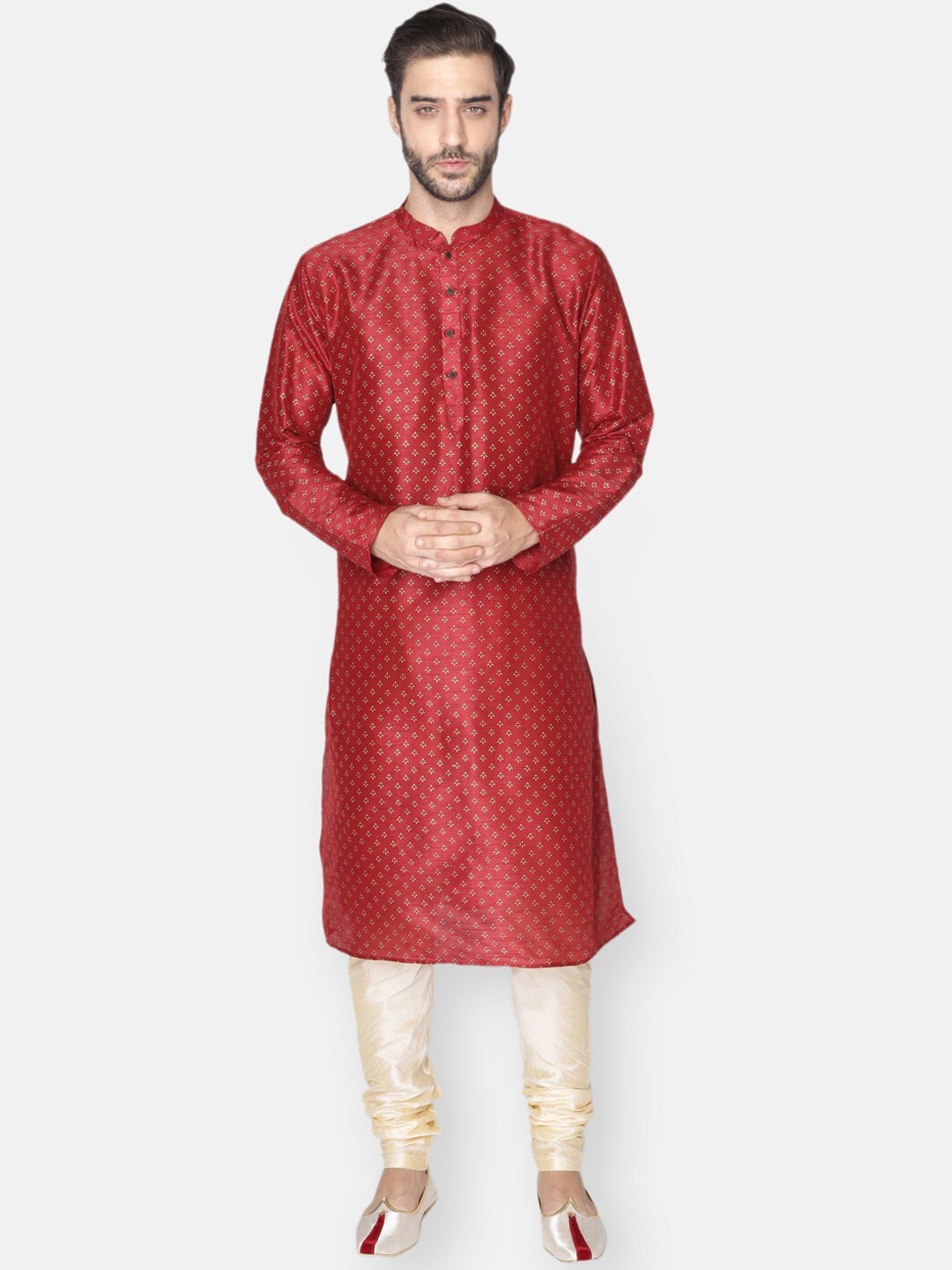 

NAMASKAR Men Red Printed Dupion Silk Kurta with Churidar