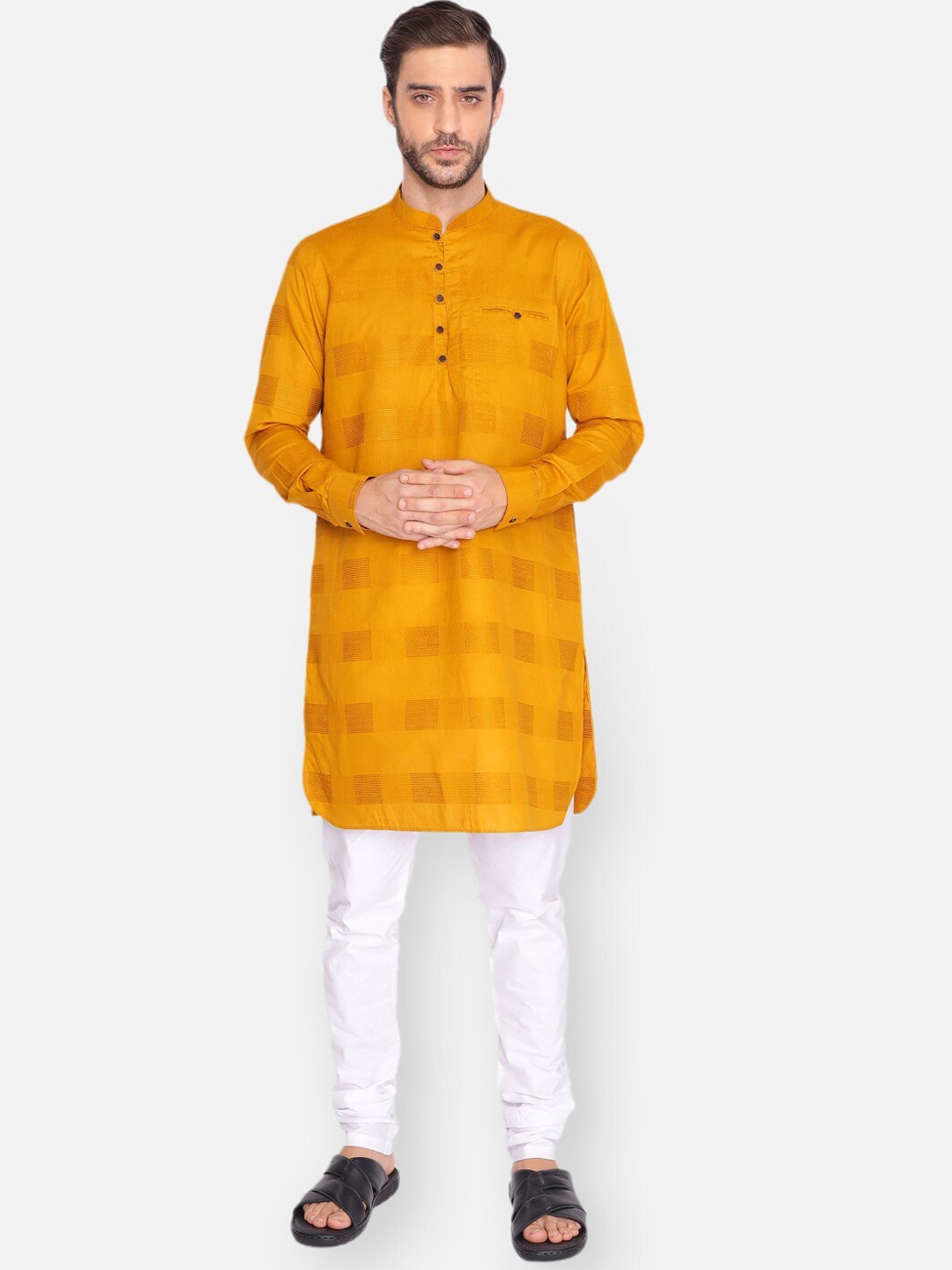 

NAMASKAR Men Mustard Yellow Cotton Self Design Kurta with Pyjamas