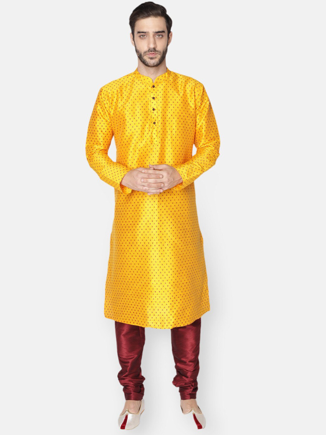 

NAMASKAR Men Yellow Dupion Silk Printed Kurta with Churidar