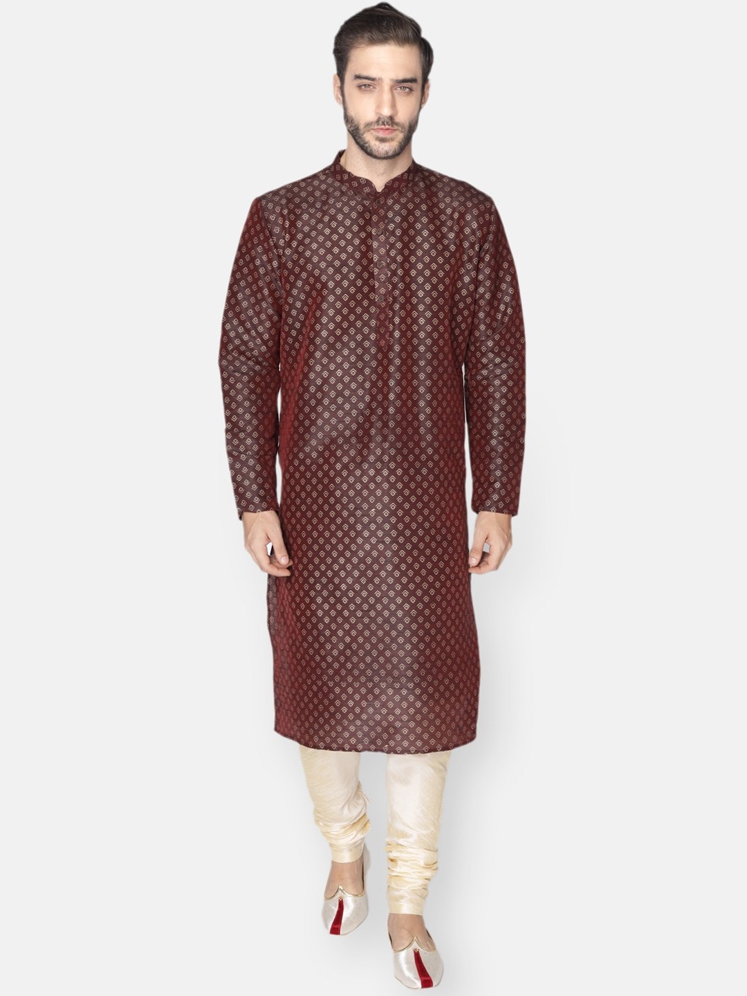 

NAMASKAR Men Maroon Dupion Silk Printed Kurta with Churidar