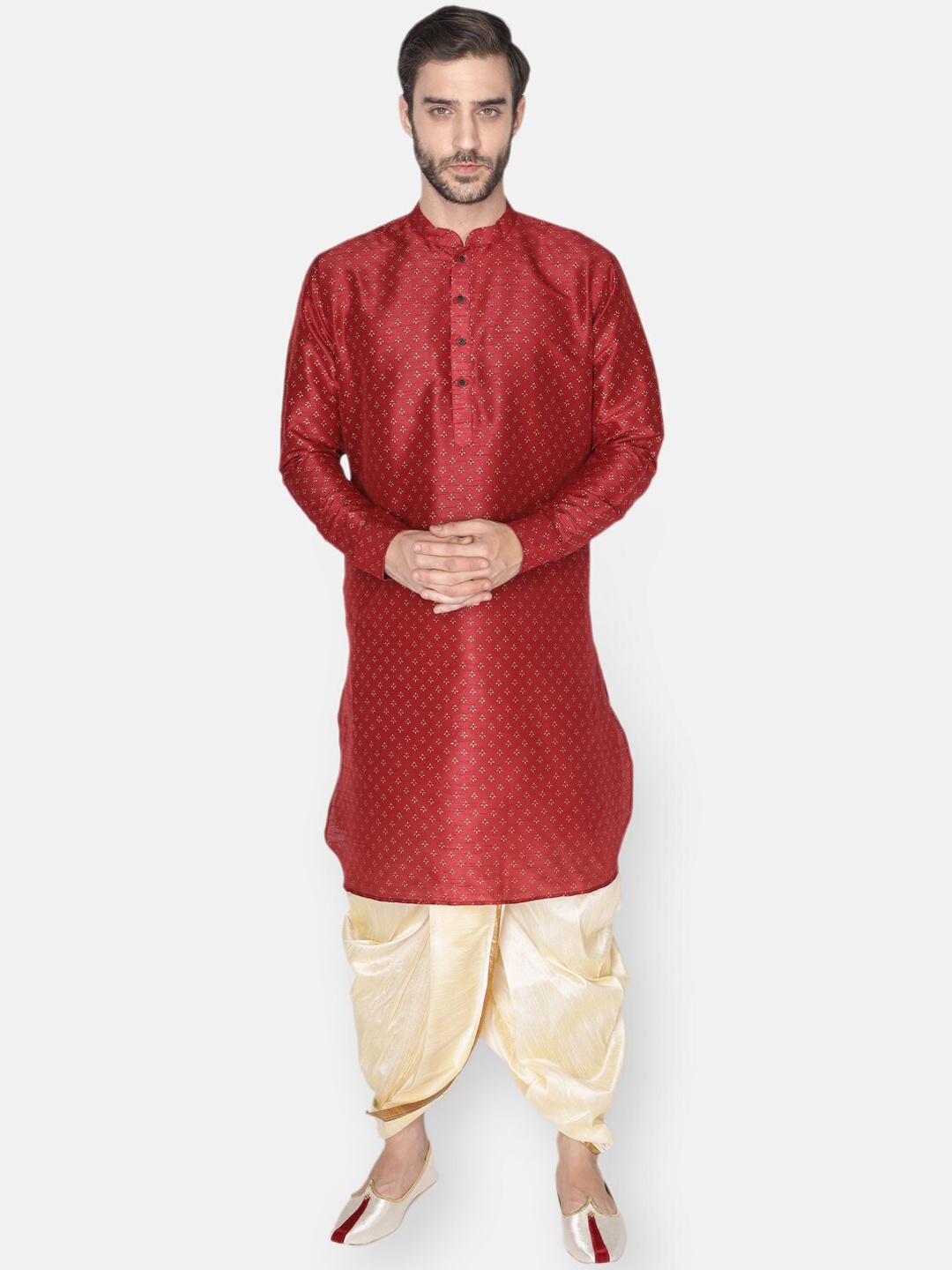 

NAMASKAR Men Red Dupion Silk Printed Kurta with Churidar