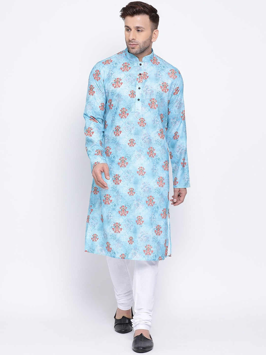 

NAMASKAR Men Blue Floral Printed Cotton Linen Kurta with Churidar