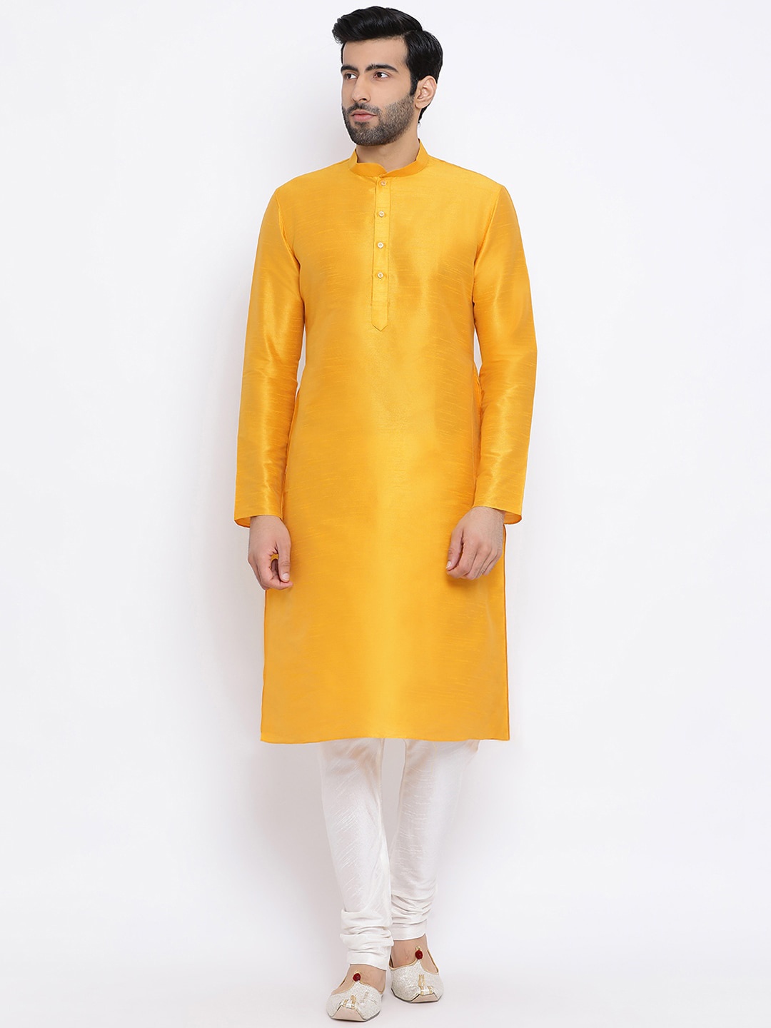 

NAMASKAR Men Yellow Solid Dupion Silk Kurta with Churidar