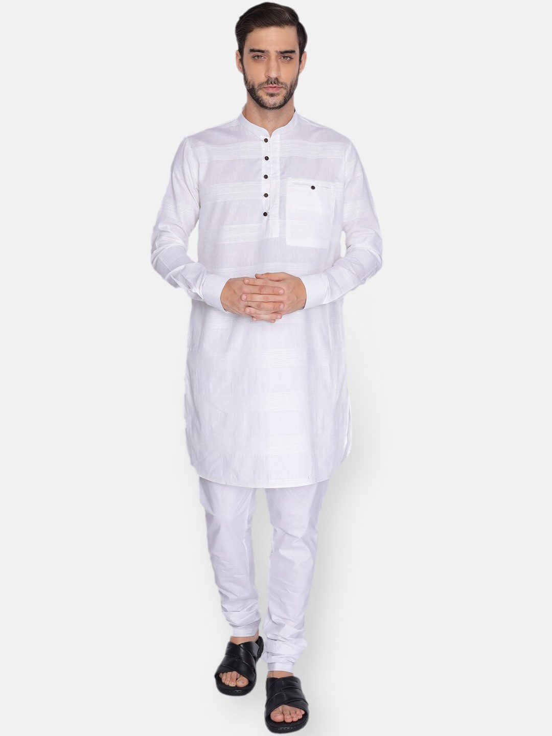 

NAMASKAR Men White Self Design Cotton Kurta with Churidar