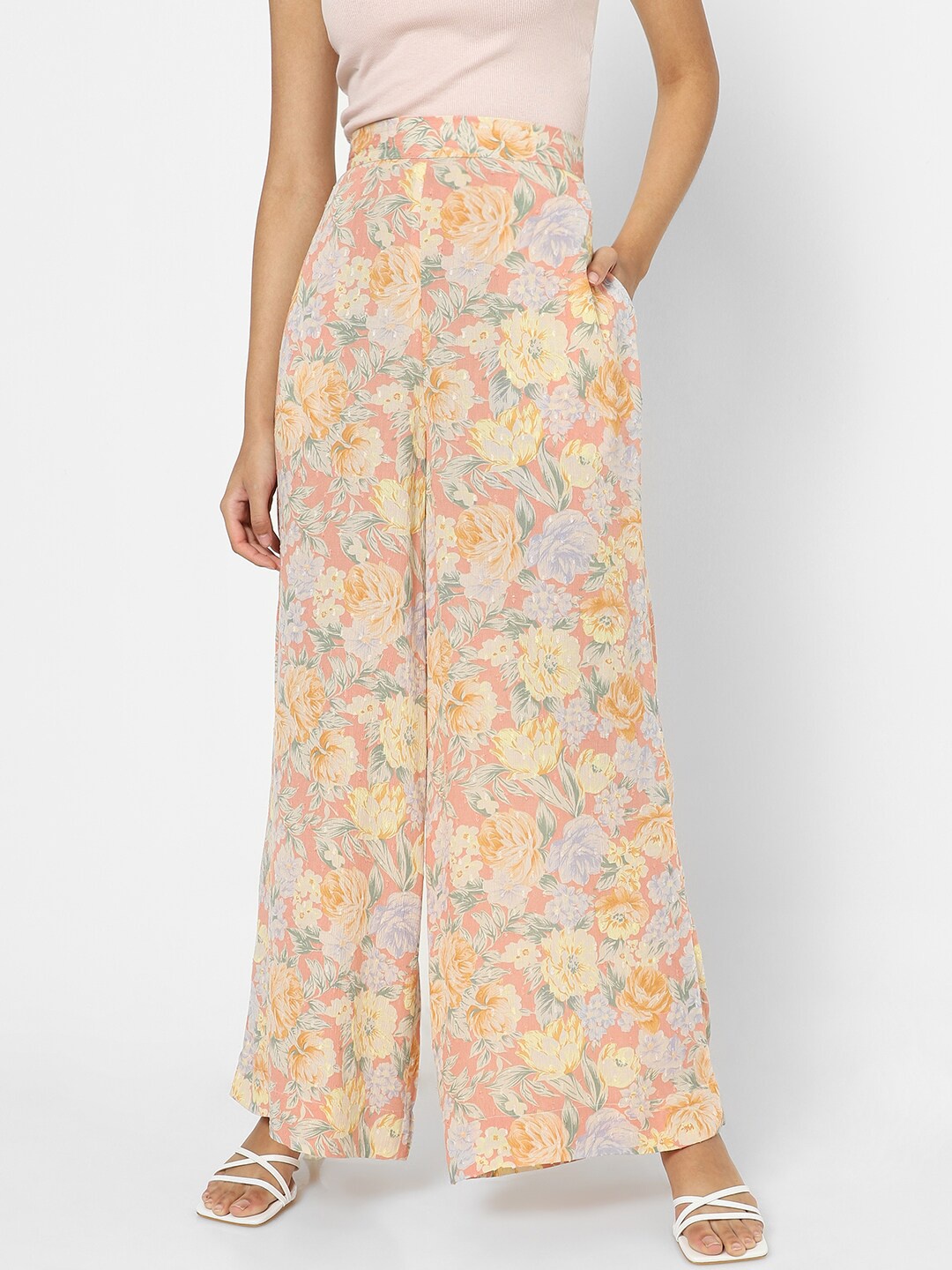 

VASTRADO Women Peach-Coloured & Yellow Floral Printed Palazzos