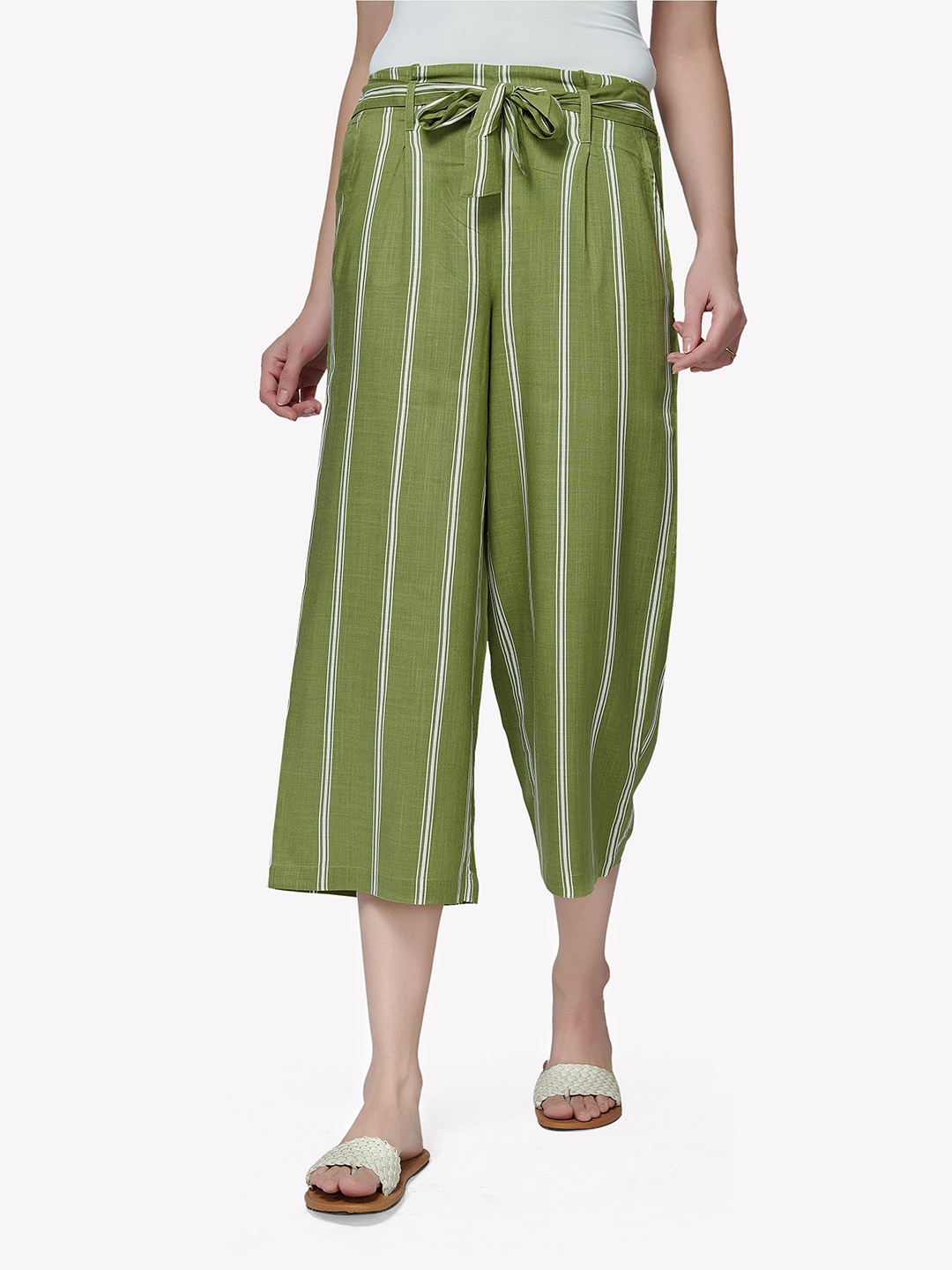 

VASTRADO Women Olive Green & White Striped Cotton Cropped Palazzos