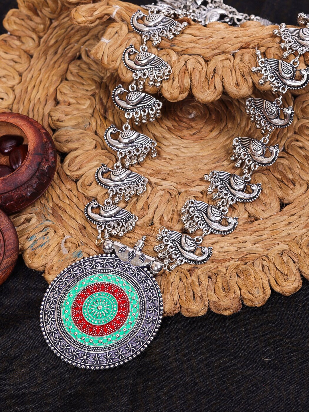 

DIVA WALK Silver-Toned & Red Brass Silver-Plated Hand Painted Necklace
