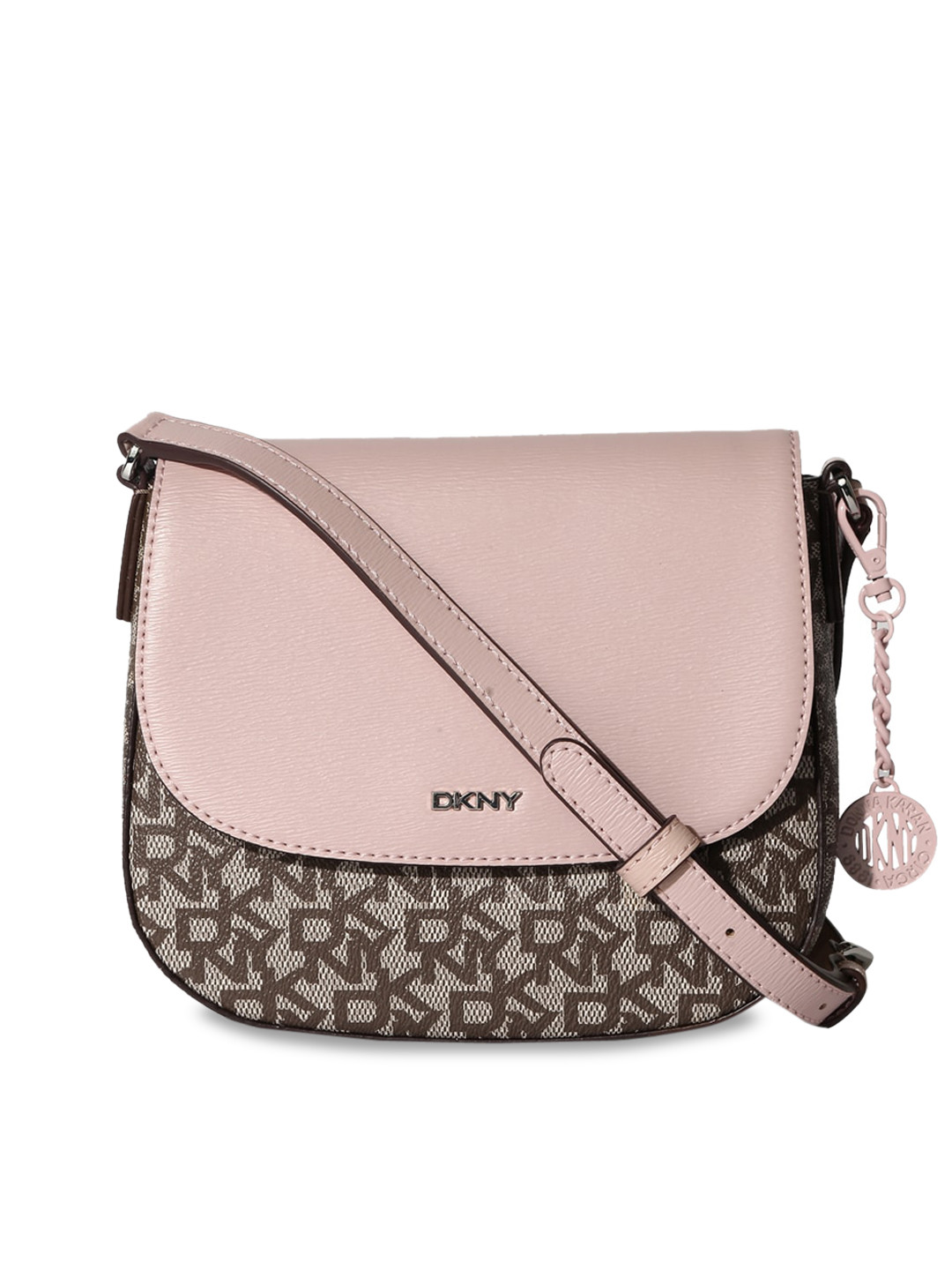 

DKNY Pink Printed Leather Half Moon Sling Bag with Tasselled