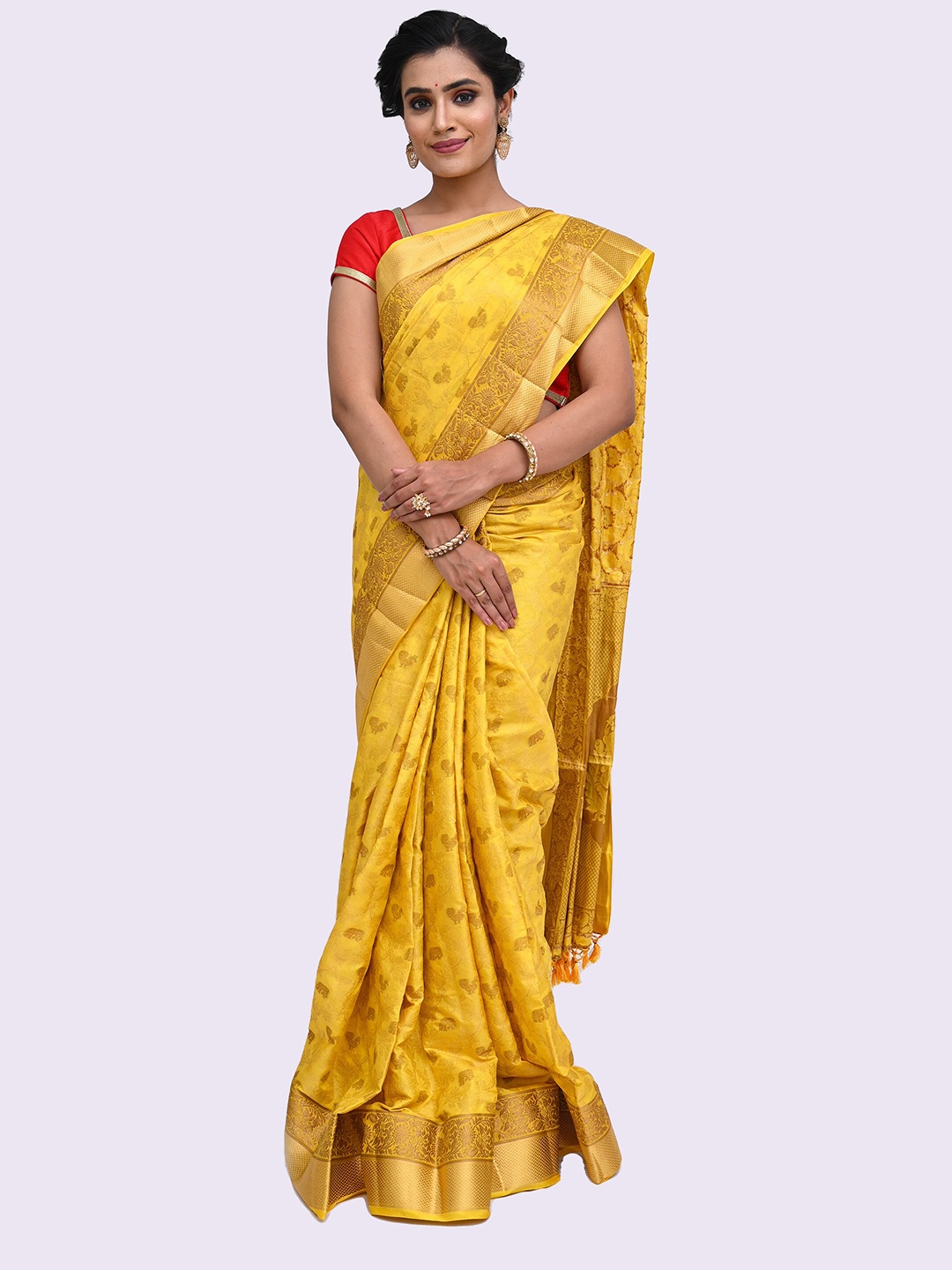 

KAJREE Yellow & Golden Ethnic Motifs Zari Silk Blend Saree