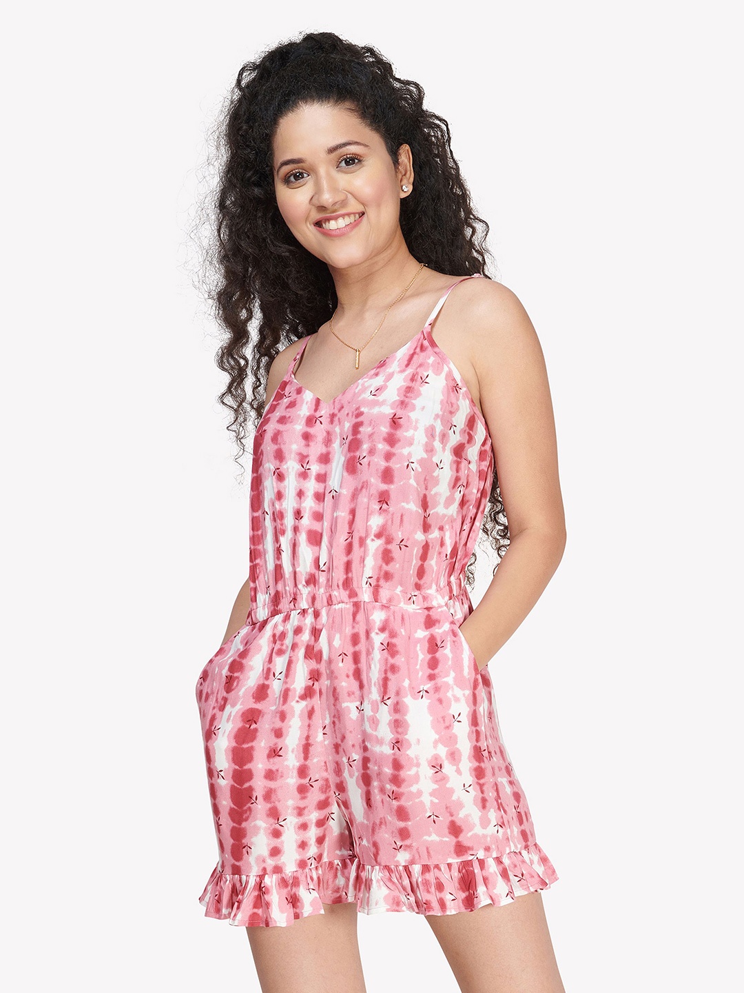 

VASTRADO Pink & White Printed Playsuit