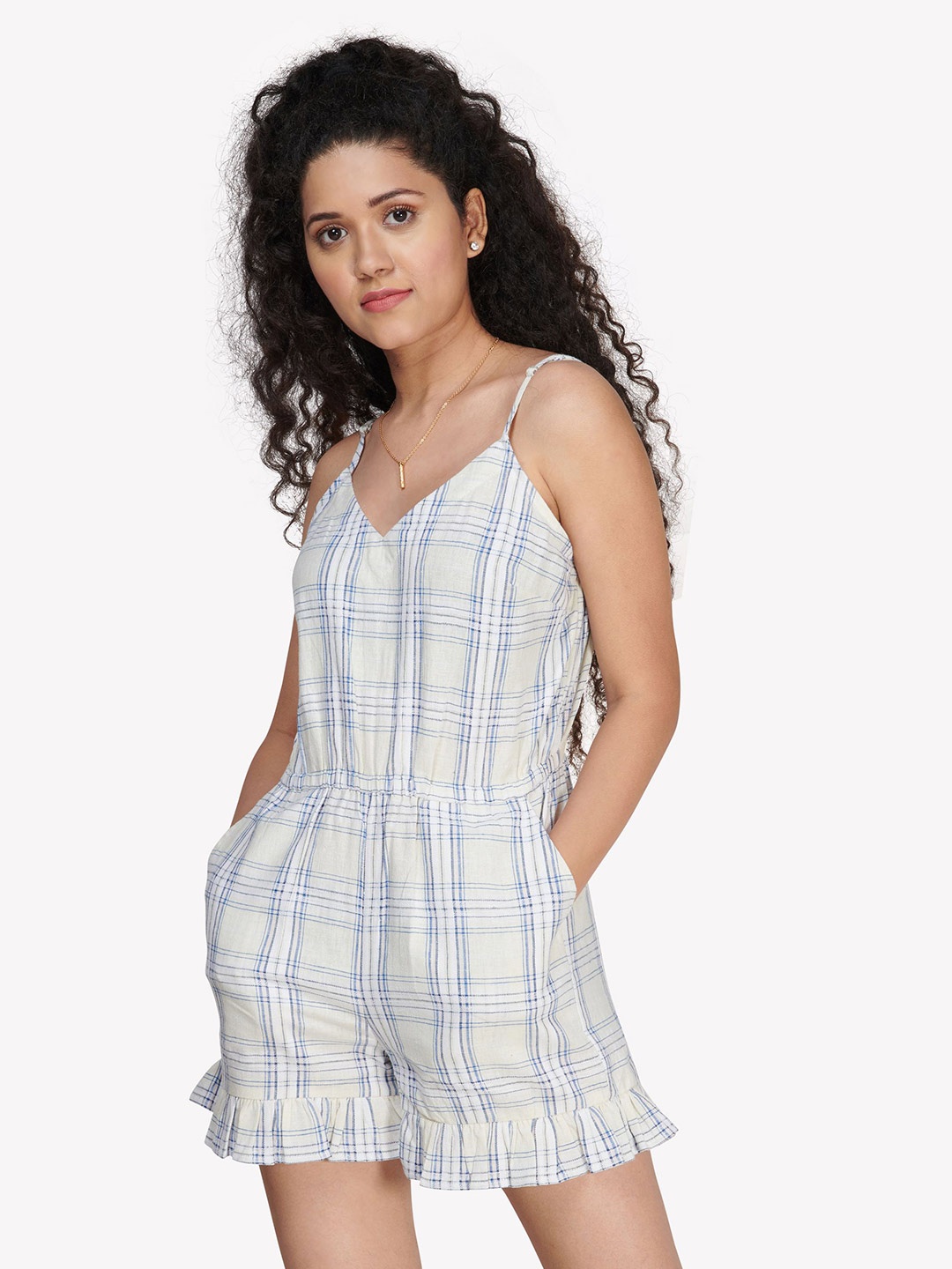 

VASTRADO Blue & Off White Checked Playsuit