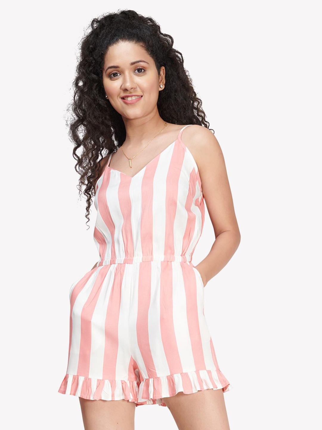 

VASTRADO White & Pink Striped Cotton Playsuit Jumpsuit