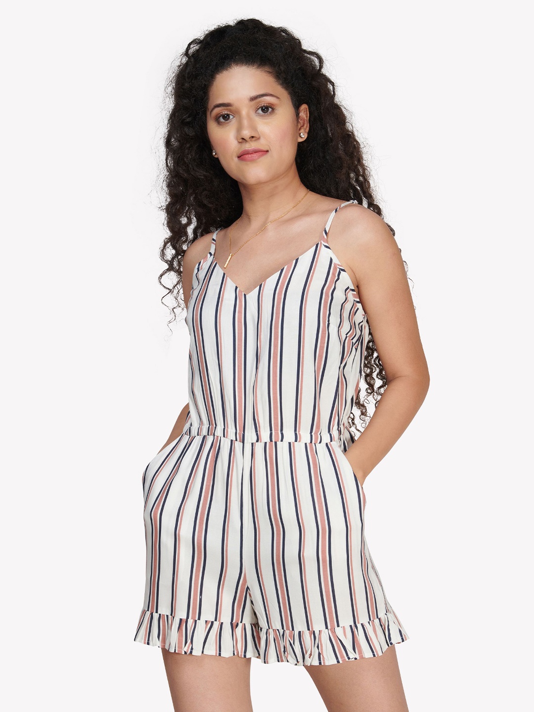 

VASTRADO White & Pink Striped with Ruffles Jumpsuit