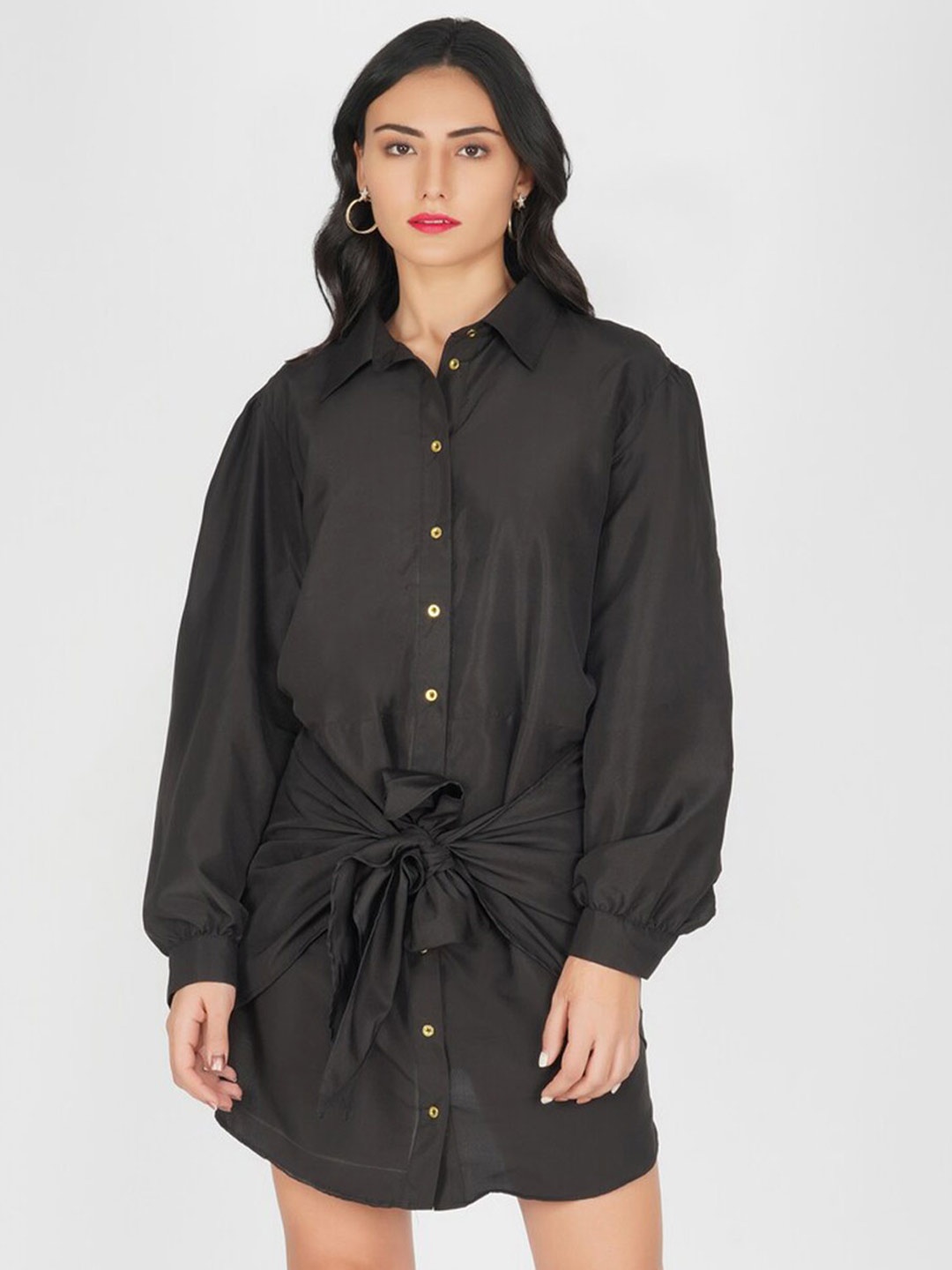 

KOVET Black Crepe Shirt Dress