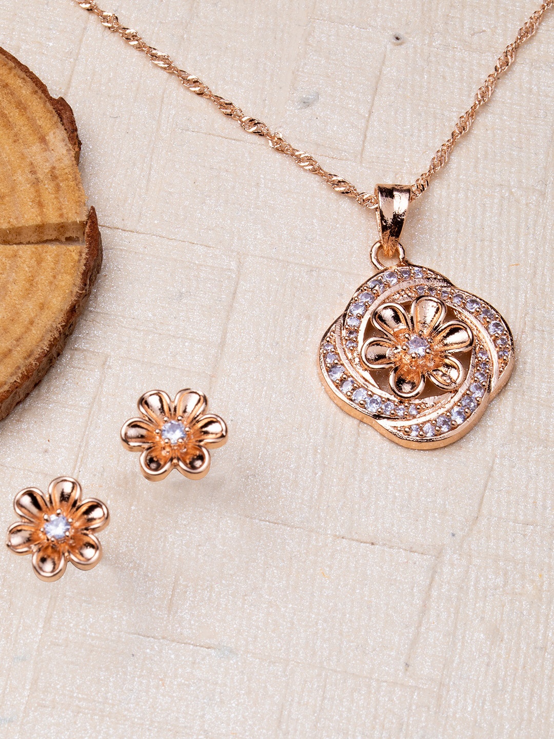

BARSANO Rose Gold-Plated White CZ-Studded Jewellery Set