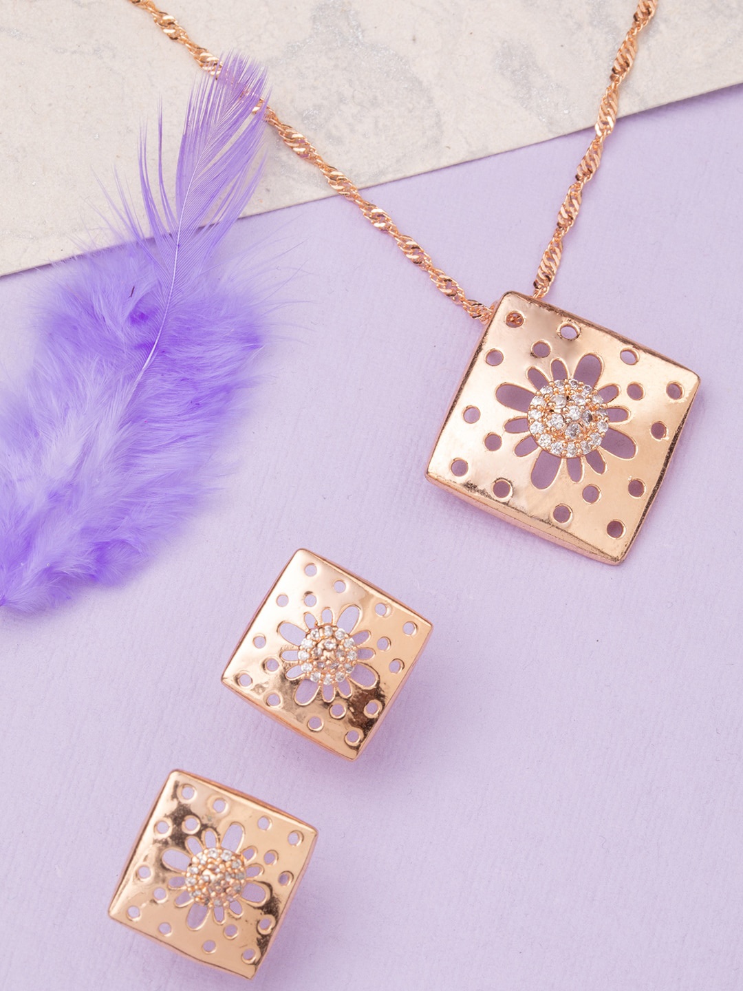 

BARSANO Rose Gold Plated CZ Stone Studded Jewellery Set