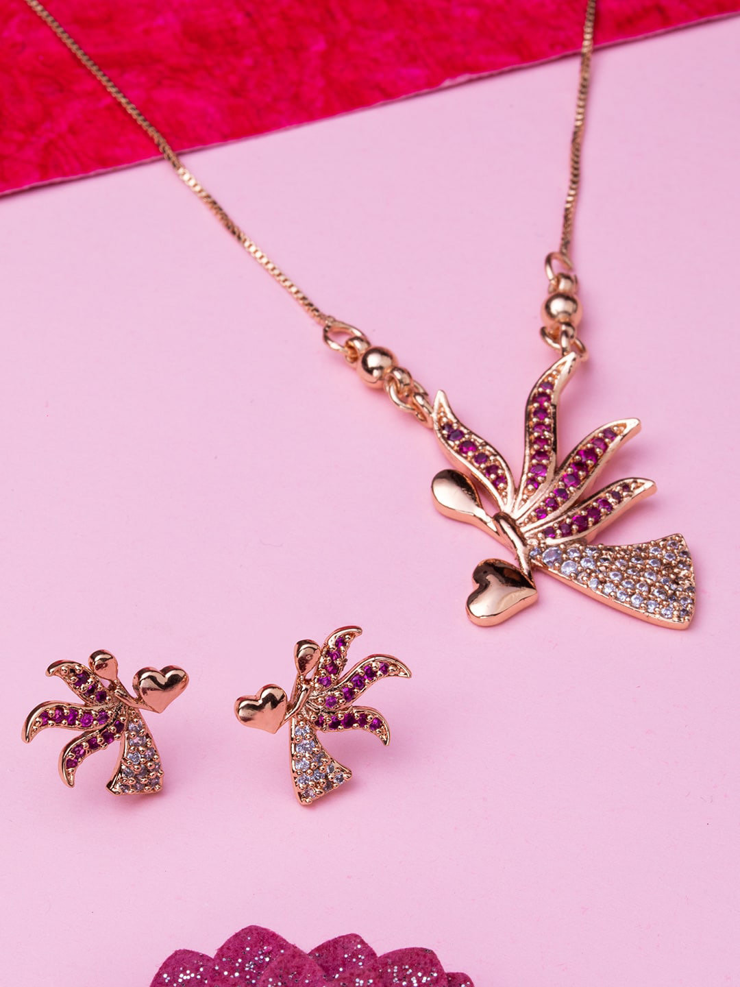 

BARSANO Rose Gold-Plated Pink & White CZ-Studded Jewellery Set
